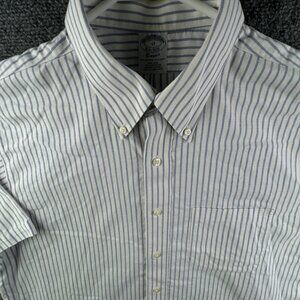Brooks Brothers 17 Classic Striped Blue White Short Sleeve Cotton Button Up